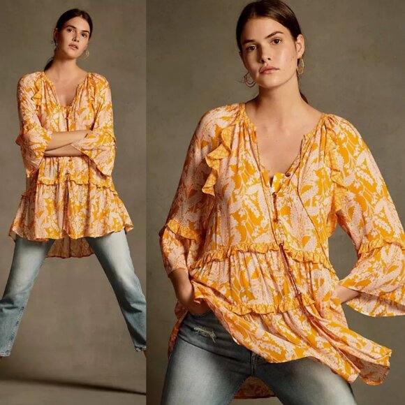 Anthropologie Tops - ANTHROPOLOGIE Mia Ruffle Printed Orange Tiered Tunic Blouse Oversized Size S